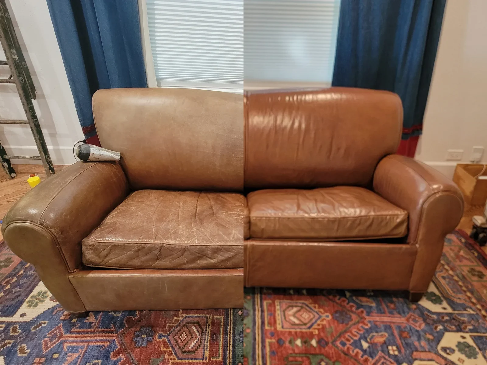 The same club sofa dry and creased on the left, reconditioned on the right